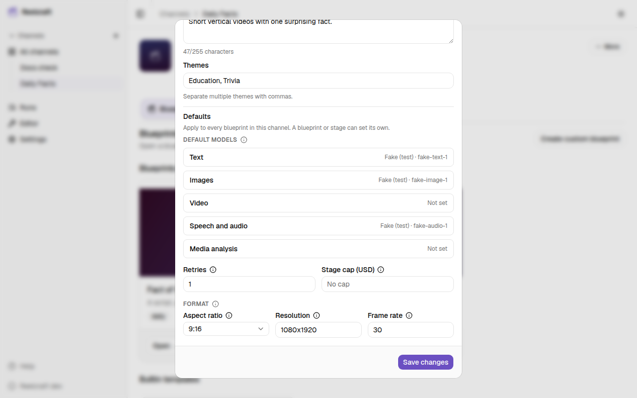 The Defaults section of the channel dialog