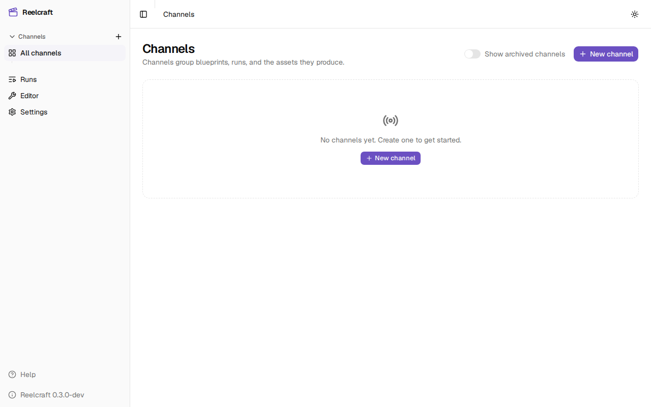 Reelcraft's home screen