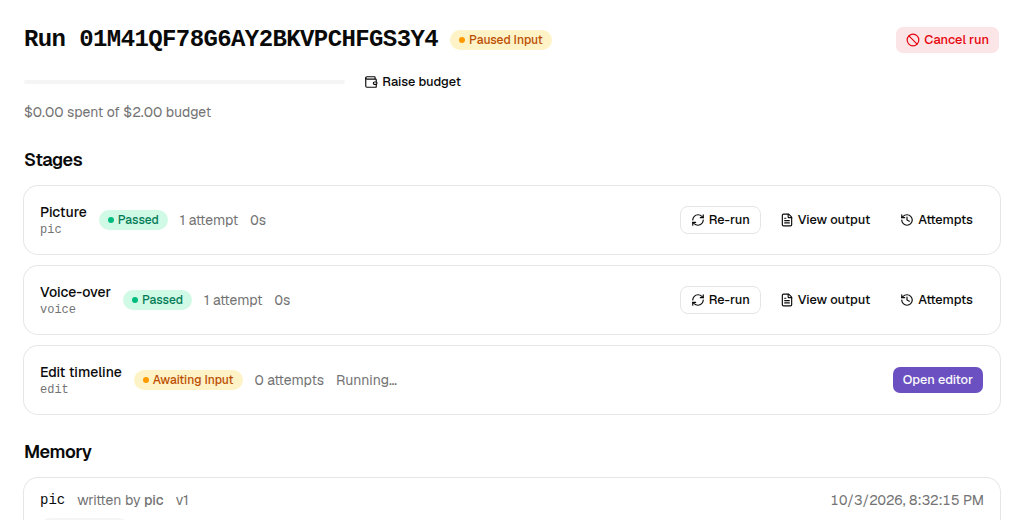 A run in Paused Input, with the Open editor button on its stage