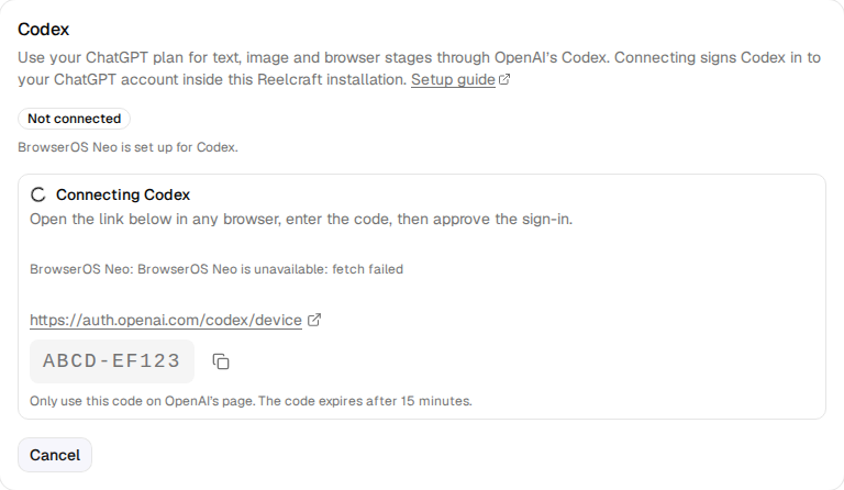 Connecting Codex with the link and code