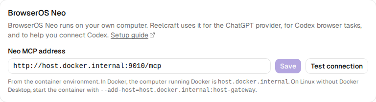 The BrowserOS Neo card in Settings