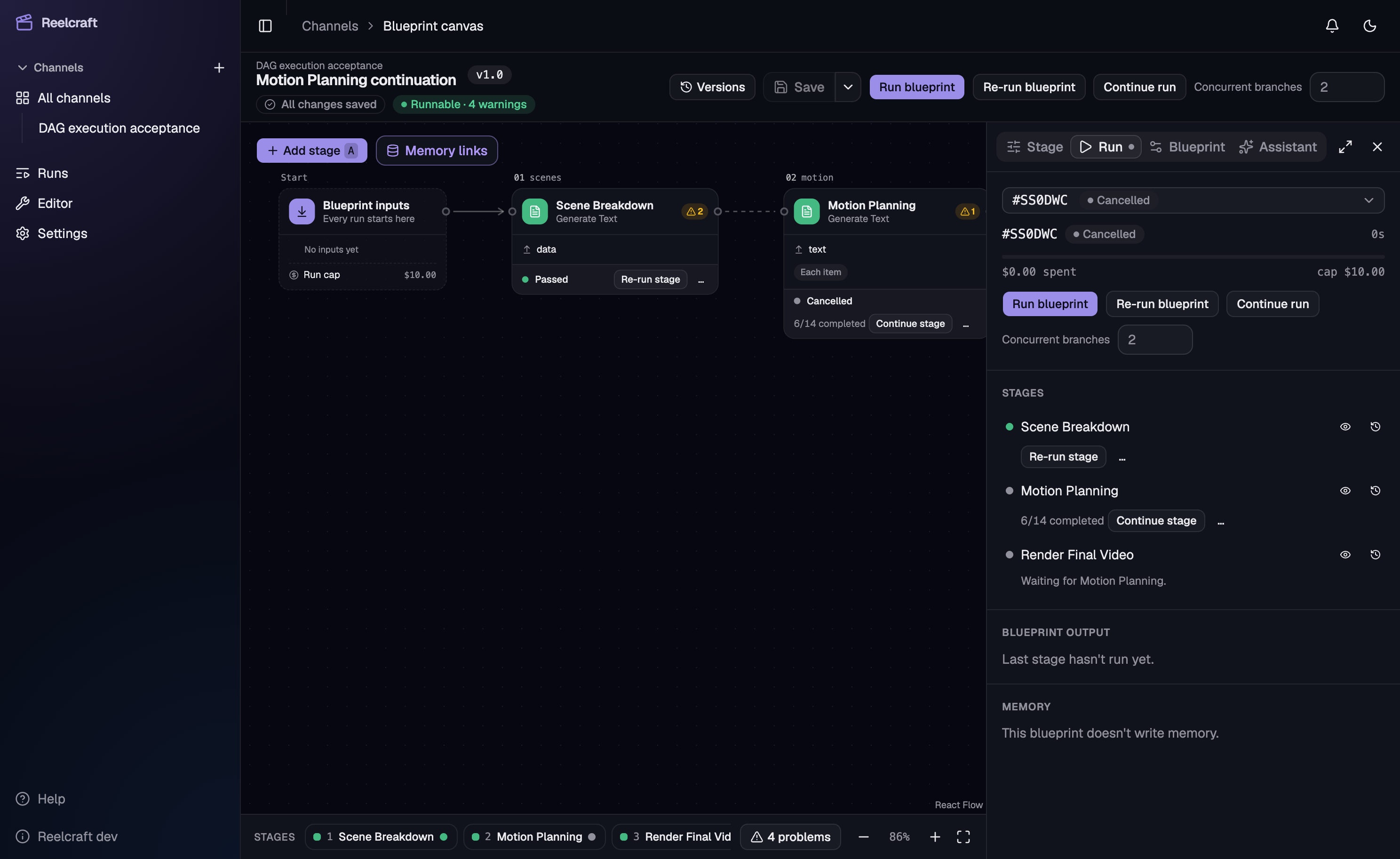 Canvas toolbar, stage cards and Run tab showing six saved Motion Planning items