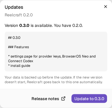 The Updates window with a new version
