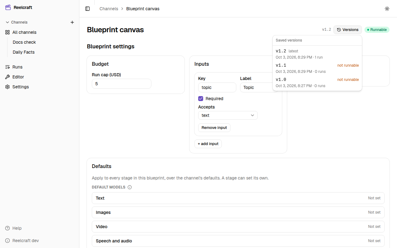 The Versions menu, listing v1.2 (latest), v1.1 and v1.0